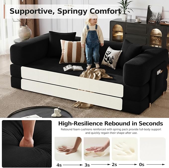 78.8 Boneless Sleeper Sofa BedConvertible Futon Couch with Storage Pocket and 2 PillowsModular Corduroy Sofa for livingroomSmall speaceBlack