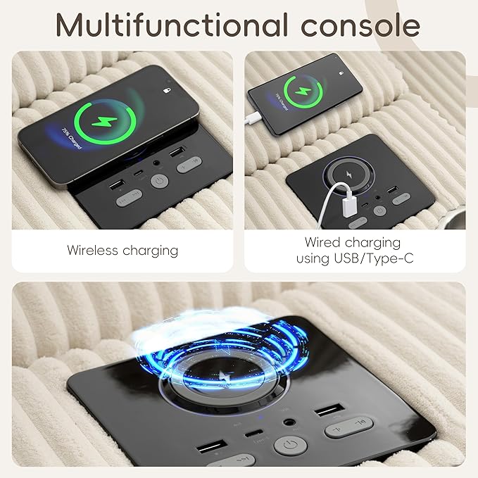 141.5 * 64'' Corduroy Sectional Sofa with Bluetooth Speakers U-Shaped Couch with Console USB Charger Cup Holders and Ottoman Deep and Wide Seat Cloud Sofa for Living Room&ampApartment Cream
