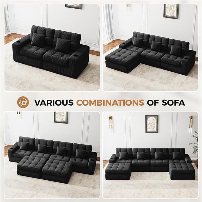 112 L Shaped Cloud Boneless CouchModern Modular Sectional Sofa with Layered CushionNo Assembly Convertible Corduroy Couches for Living RoomBlack 1 PCS