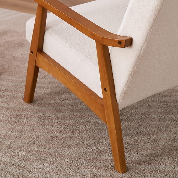 Accent Chair for Living Room Mid-Century Modern Lounge Chair with Solid Wood Legs Comfortable Reading Armchair for Office Apartment Bedroom Waiting Room Off-White