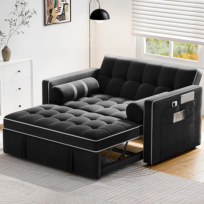 Pipishell 3 in 1 Convertible Sleeper Sofa BedPull Out Couch for Living Room with USB Ports &amp Side PocketsAdjustable BackrestVelvetLoveseat Sofa BedFuton CouchesBlack
