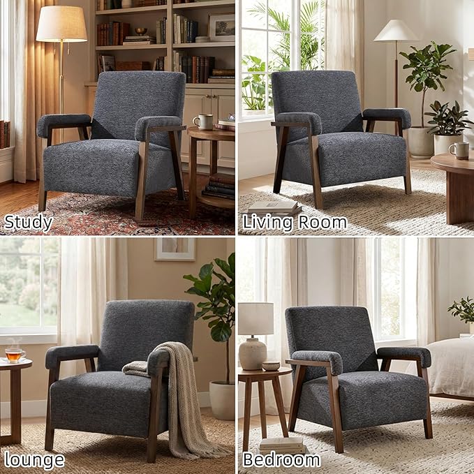 Mid Century Modern Accent Chair Upholstered Armchair with Thick Seat Cushion and Solid Wood Frame Thick and Comfy Innerspring Seat Cushion Short Plush Fabric Arm Chair for Living Room(2Dark Grey)