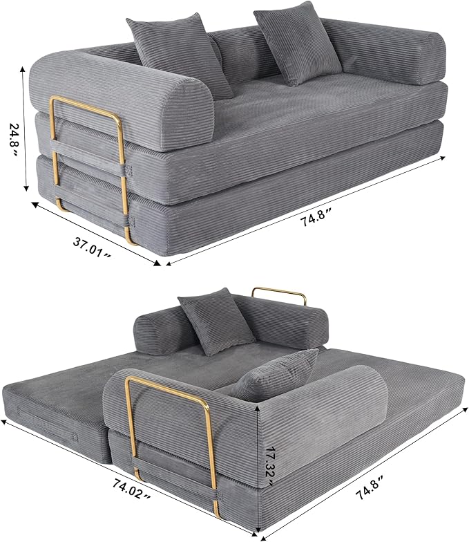 Foldable Sofa Bed 75 Inch Boneless Couch Convertible Memory Foam Sleeper Sofabed Floor Mattress with 2 Pillows Microfiber Cloud Sofa for Living Room Apartment No Assembly (Grey)