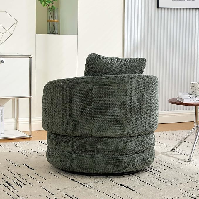 360° Small Swivel Accent Chair Round Swivel Barrel Chair with Round Backrest &amp Wide Seat Comfy Chenille Barrel Chairs for Living Room Bedroom Easy 15-Min Assembly Boucle (Green)