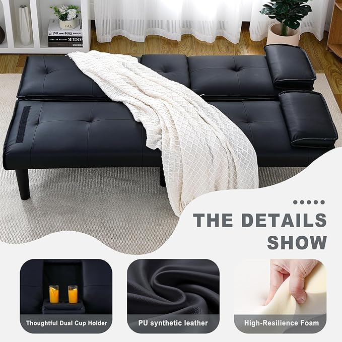 Futon Sofa Bed PU Leather Modern Convertible Futon Couch with Removable Armrests Cup Holders Loveseat Sleeper Sofa Bed for Living Room Apartment Small Spaces (Black)