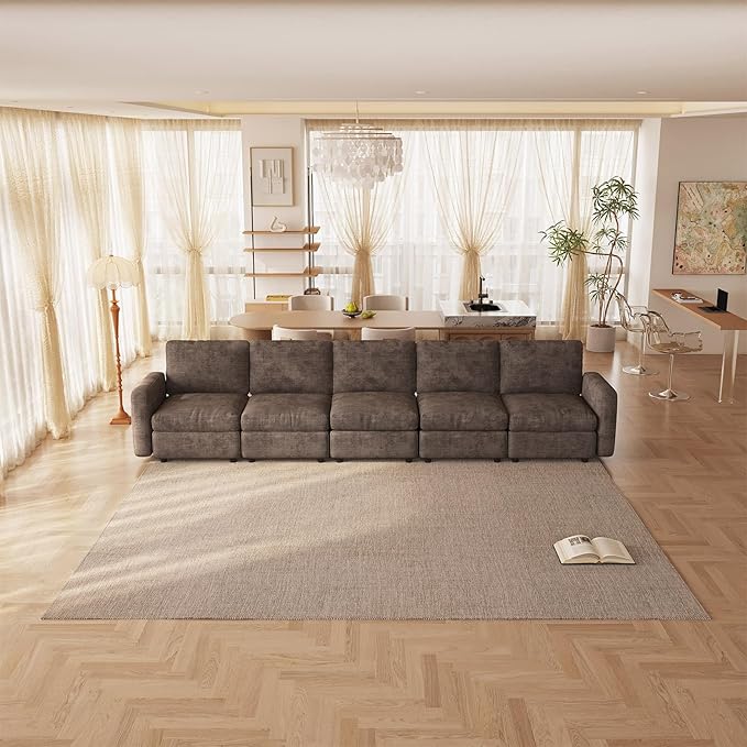 5 Seaters Modular Sectional Sofa 5 Seat Sofa Modern Sectional Couches with Deep Seats for Living Room Upholstered Couch with Soft Backrest 143.7 L Brown (No Ottoman)