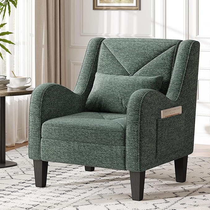 Maupvit Chenille Accent Chair for Living Room Bedroom Chair Comfy Reading Chair Upholstered Arm Chair Single Sofa Chair with Lumbar Pillow Mid Century Modern Chair for Small Spaces Green