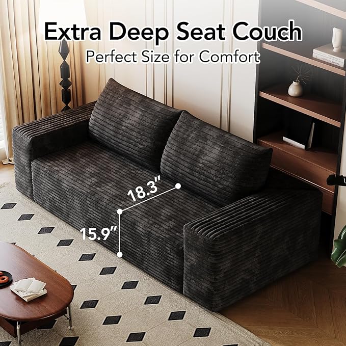 63 Small Space Boneless Modular Couch with Corduroy Memory Foam Deep Seat - Cloud - Comfy No Assembly Required Sofa for Living Room Bedroom &amp Apartment (Black 63 inch)