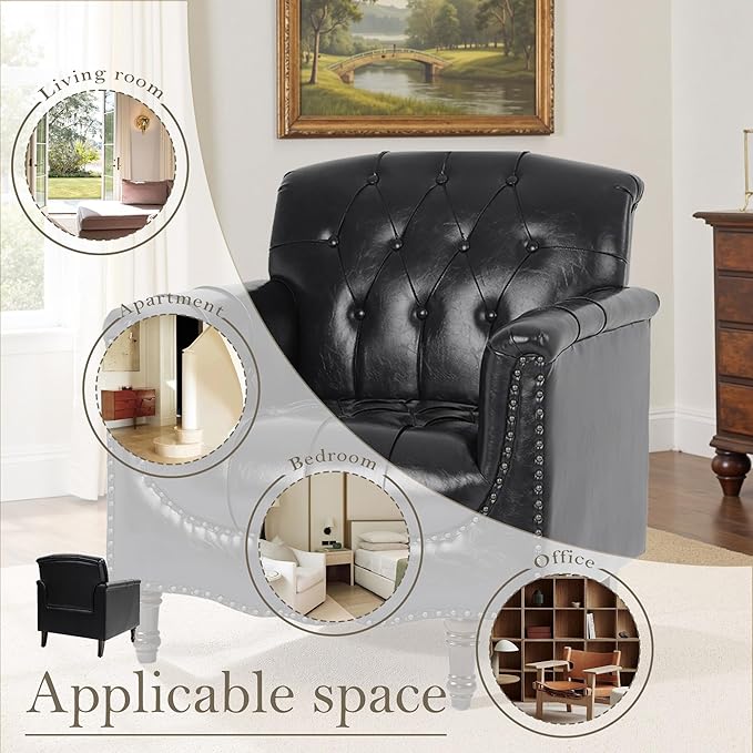 Pia Ricco Faux Leather Armchair Set of 2 Modern Accent Chairs with Nailhead Trim and Solid Wood Legs Upholstered Comfort for Living Room Office Bedroom - Bule Black
