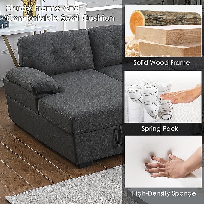 BEEY Sectional Sleeper Sofa 120 Oversized Couch Bed 4 Seat Sofa Bed U Shaped Sectional Couch with Pull Out Bed and Double Storage Chaise for Living Room Bedroom Dark Grey