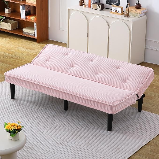 Convertible Futon Sofa Bed Faux Leather Futon Couch with Adjustable Backrest and Usb Port Modern Folding Couch For Small Spaces Living Room Sleeper Bed for Living RoomBedroomOffice (Pink)