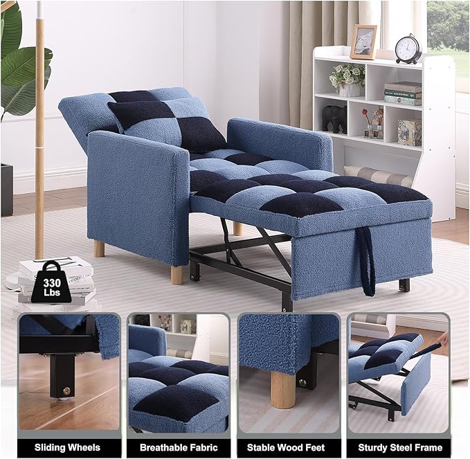 3-in-1 Convertible Chair Bed Single Sofa Bed Pull Out Sleeper with Adjustable Backrest Lounger for Living Room (Blue)