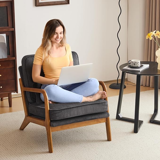 Karl home Mid-Century Modern Accent Chair Living Room Chairs with Pillow Corduroy Upholstered Lounge Armchair with Solid Wood Frame &amp Soft Cushion for Bedroom Reading Room Dark Gray
