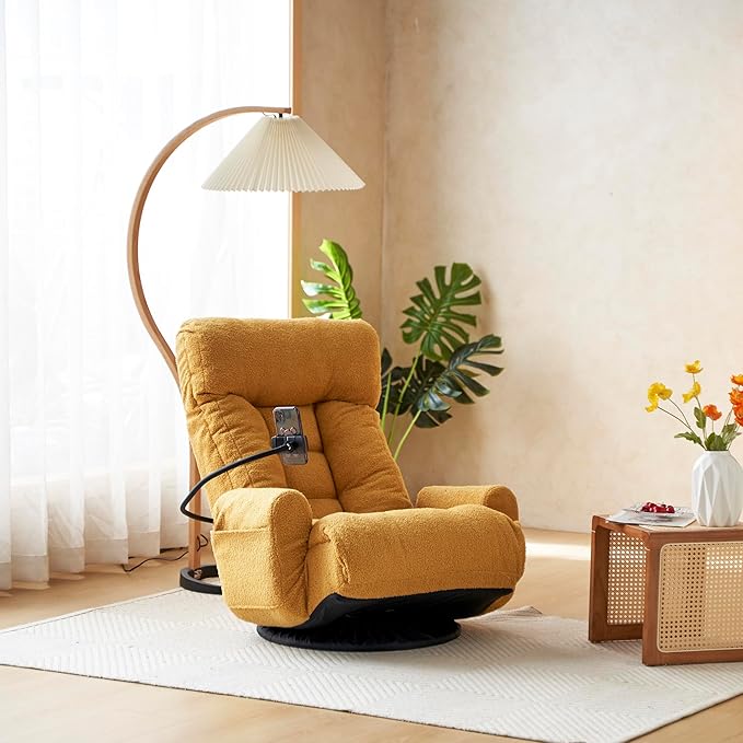 Gwen Upholstered 360° Swivel Chair Lounge Chair with Adjustable Backrest/Headrest Metal Frame Living Room Lounge Sofa and Phone Holder Comfy Bean Bag Chair Yellow