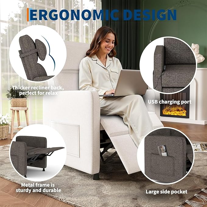PeakPursuit Power Recliner Chair with Electric Adjustable Back USB Port &amp Side Pockets Single Overstuffed Recliner Chair for Living Room Bedroom or Home TheaterBrown