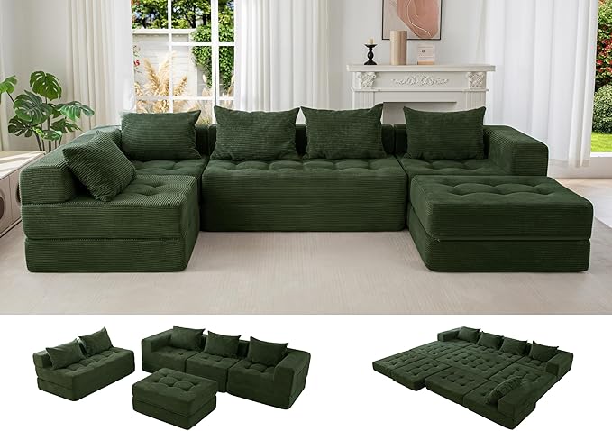 MAXYOYO Modular Sectional Sofa Couch Foldable U Shaped Cloud Couch with Pillows Tufted 6-Seat Boneless Sleeper Lounger Floor Sofa Bed for Living Room No Assembly Required Dark Green