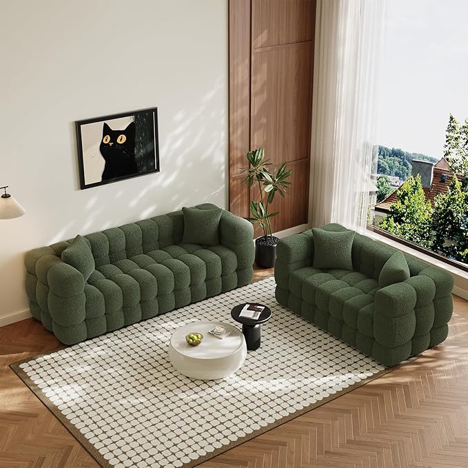2 Piece Boucle Sofa Couch Set Comfy Upholstered Sherpa Deep Seat Cloud Couch and Loveseat Modern Tufted 3 Seater and 2 Seater Love Seat Sofa for Living Room Apartment Olive Green