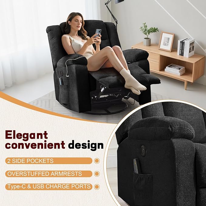 Rocker Recliner Glider Recliner Chairs for Adults 360° Swivel Rocking Chair with Massage and Heating Nursery Chair with Storage and USB Charging for Living Room Bedroom Nursery