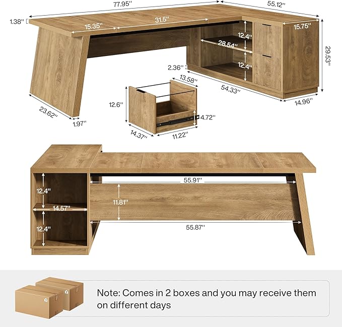 Tribesigns 78 L Shaped Desk with Drawers Large Executive Office Desk with File Cabinet and Shelves Modern Corner Computer Table Business Furniture for Home Office Brown