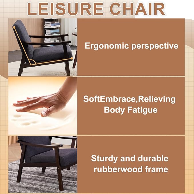 Mid-Century Accent Chair Upholstered Fabric Living Room Chair with Solid Wood Frame Modern Small Side Arm Chairs Comfy Wingback Reading Chair for Bedroom Office (Antique Black)