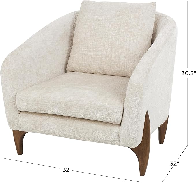 Deco 79 Polyester Living Room Accent Chair Rounded Boucle Side Chair with Brown Wooden Legs and Matching Pillow Corner Chair 32 x 32 x 31 White