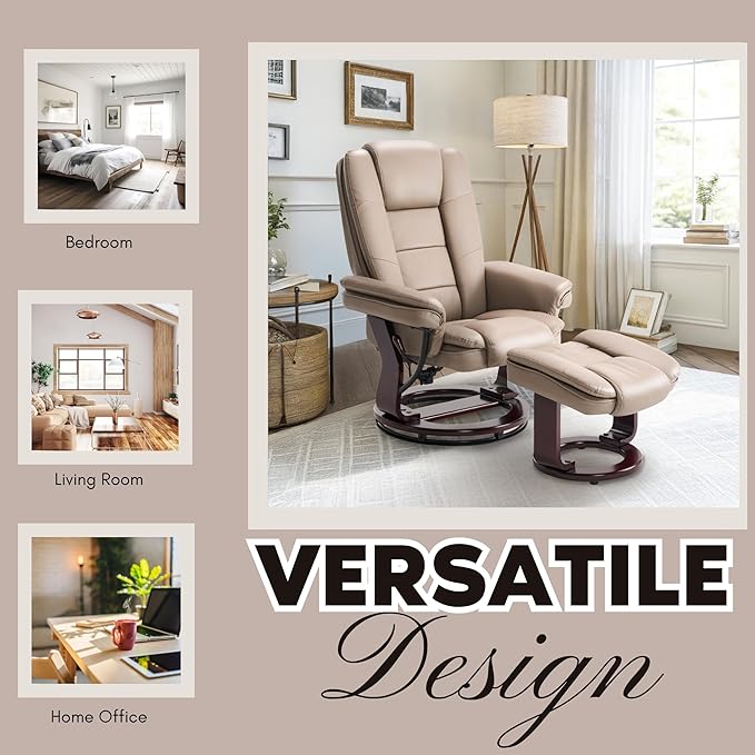 Argus Swivel Recliner with Ottoman PU Leather &amp Wood Base Reclining Chair with Footrest Ultra-Plush Double Foam for Living Room Bedroom and Office Set of 2