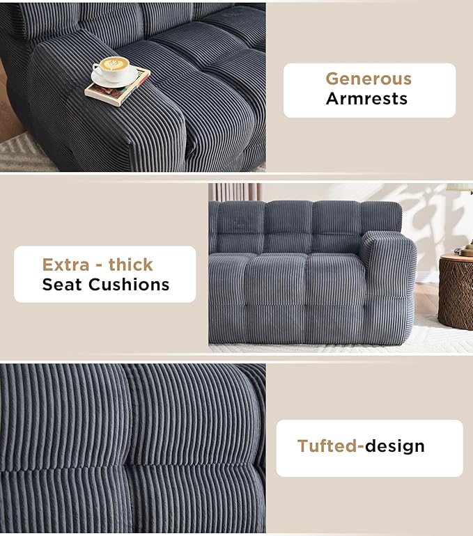 Tbfit Boneless Loveseat SofaComfy Tufted Cloud Couch Modern Living Room Floor Sofa Chair Corduroy Grey