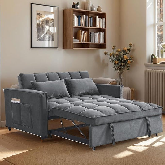 54 Convertible Sofa Bed Velvet Sleeper Sofa with Pull-Out Bed 3-in-1 Futon Couch with Reclining Backrest and Side Pocket Modern Loveseat for Living Room (Medium Grey)