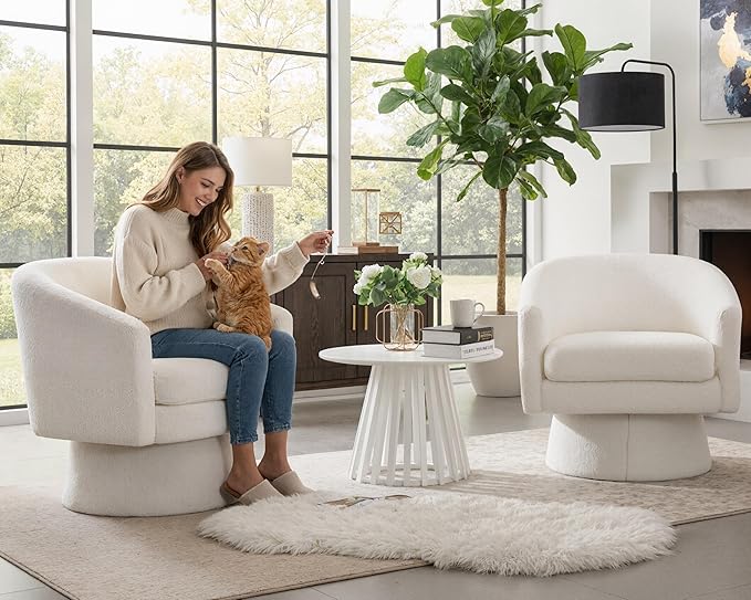 HNY Modern Swivel Accent Chairs Set of 1 White Boucle Upholstered Barrel Chairs Cozy Vanity Arm Chairs with Back Comfy Sherpa Round Lounge Reading Armchair Club Side Chairs for Living Room Bedroom