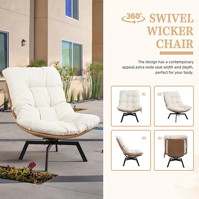 Vongrasig 360 Degree Swivel Wicker Accent Chair Modern Soft Thick Cushion Rattan Lounge Chair High Capacity Steel Frame Comfy Corner Reading Chair for Living Room Bedroom Dorm Rooms (Beige)