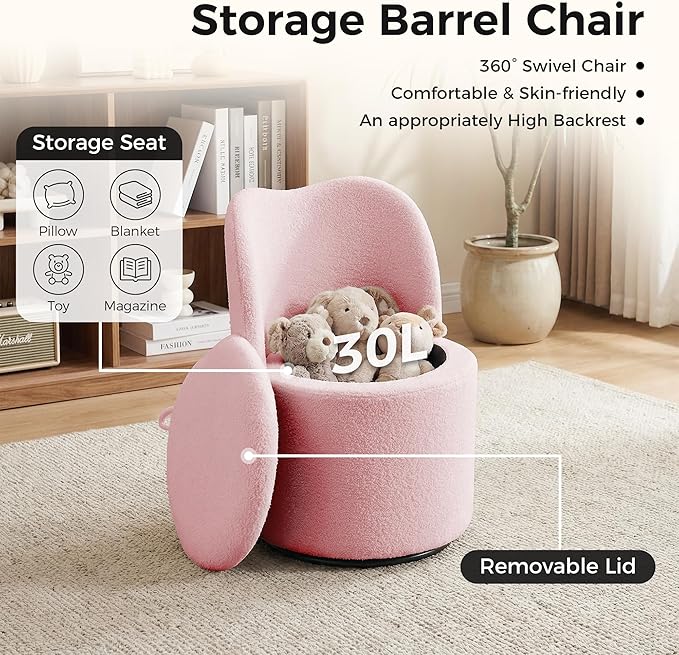 Vanity Chair with Storage Sherpa 360° Swivel Makeup Chair with Back Modern Swivel Accent Stool Barrel Chair Upholstered Ottoman Vanity Stool with Back for Bedroom Dressing Living Room Pink