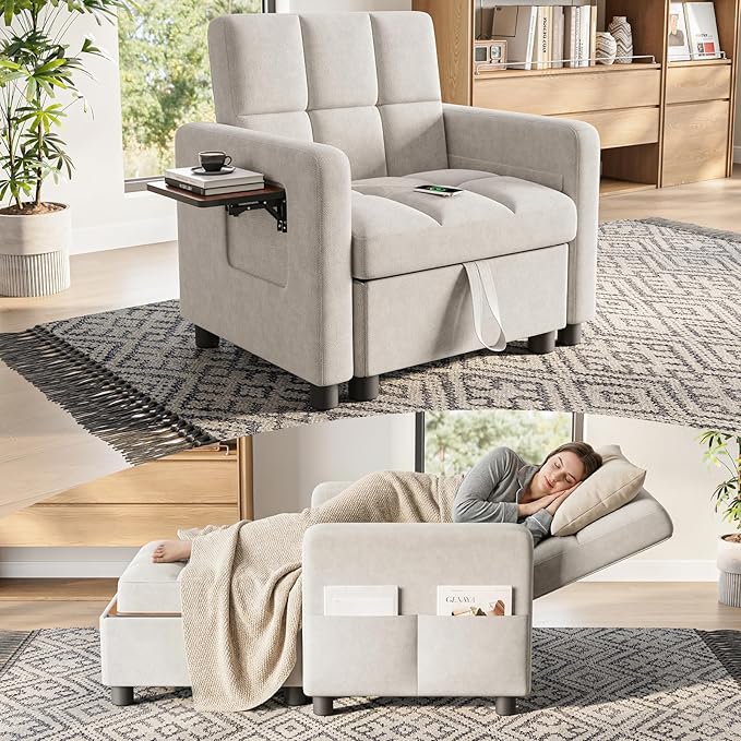 Convertible Sleeper Chair 3 in 1 Pull Out Sofa Bed | Single Sofa Bed with Storage Ottoman and Adjustable Backrest | Reading Chair with Foldable Table &amp USB Port White