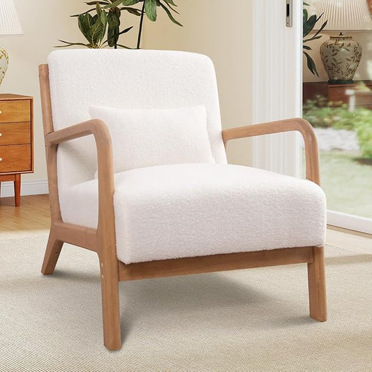 ANJ Mid Century Modern Accent Chair Single Fabric Lounge Reading Armchair with Solid Wood Frame Easy Assembly Arm Chairs for Living Room White