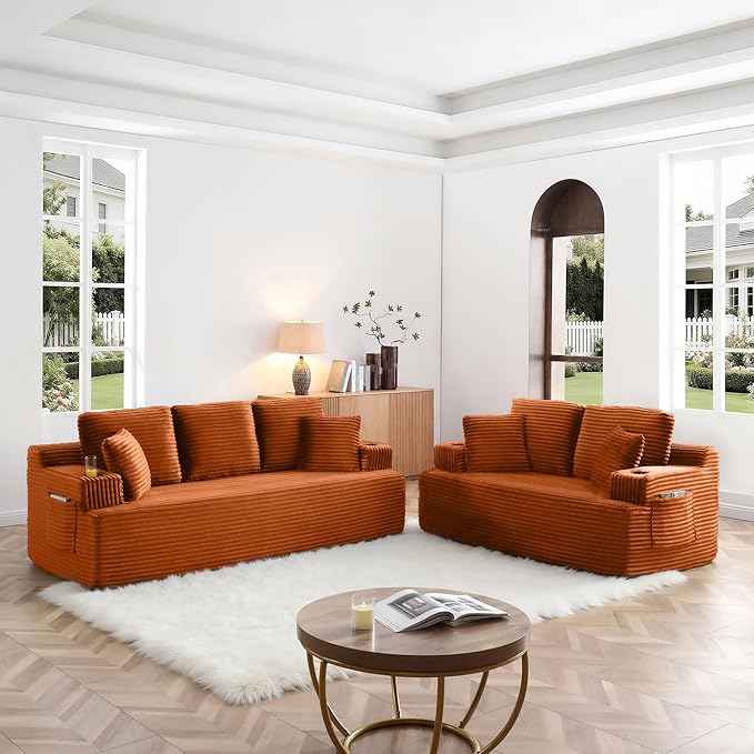 86 Small Cloud Loveseat Sofa in a Box Comfy Corduroy 2-Seater Boneless Couch Modern Deep Seat Sofa for Small Spaces Living Room &amp Apartment No Assembly Required (Orange 86 inch) | Memory Foa