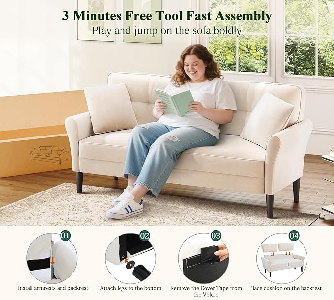 Loveseat Sofa 69 Love Seat Couches Comfy Velvet Small Sofa Couch for Bedroom with 2 Pillows Tool-Free Setup Sofas &amp Couches 700lb Load Sofas for Living Room Mini Couch for Bedroom White Cou