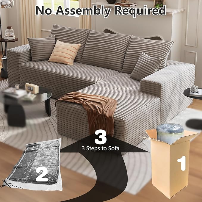 107 Cloud Sectional Couch with L-Shape Chaise Modern Modular Sofa with Deep Seat Corduroy Upholstered Couches for Living Room BedroomNo Assembly Required(Camel Right Facing)