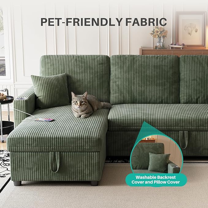 83 Sleeper Sectional Sofa Comfy Convertible Sofa Bed with Pull Out Couches Small Desktop Corduroy L Shaped Couch with Reversible Storage Chaise &amp USB for Living Room Apartment Green