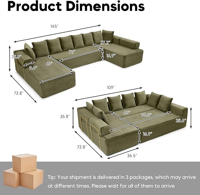 Oversized Cloud Boneless Couch with Chaise 145 Modern U Shape Modular Deep Seat Sectional Sofa Comfy Corduroy Upholstered Couches for Living Room No Assembly Required Green