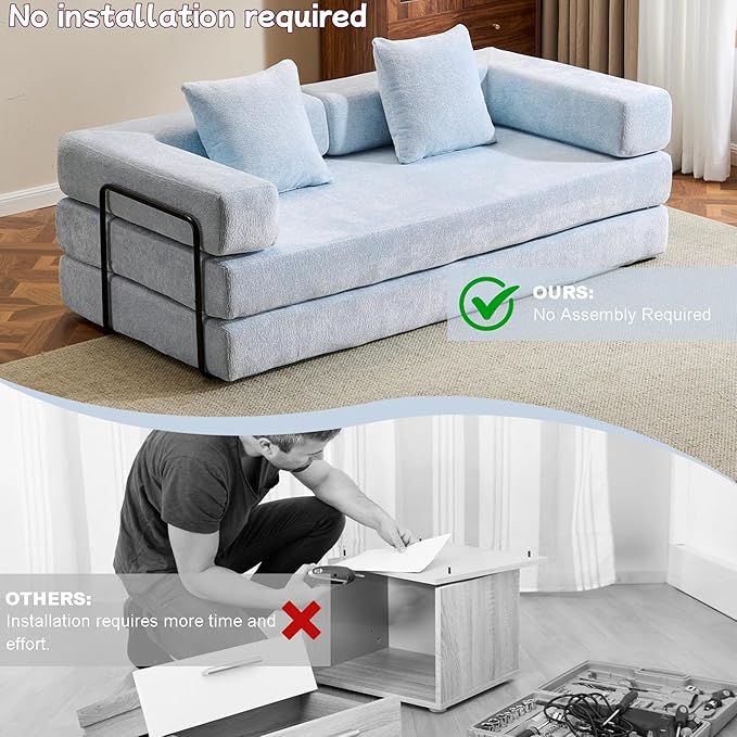 Convertible Floor Sofa Bed Foldable Mattress Cloud Couch with Pillow Back &amp Armrest Chenille Sleeper Sofa Bed with Fixed-Shape Frame Compressed Couch for Living Room Bedroom Light Blue