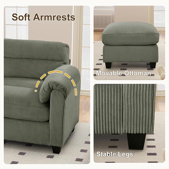 135” Modular Sectional L Shaped Corner Sofa with Movable Ottoman Corduroy 9-Seater Couches with Thick Cushion for Living Room Green