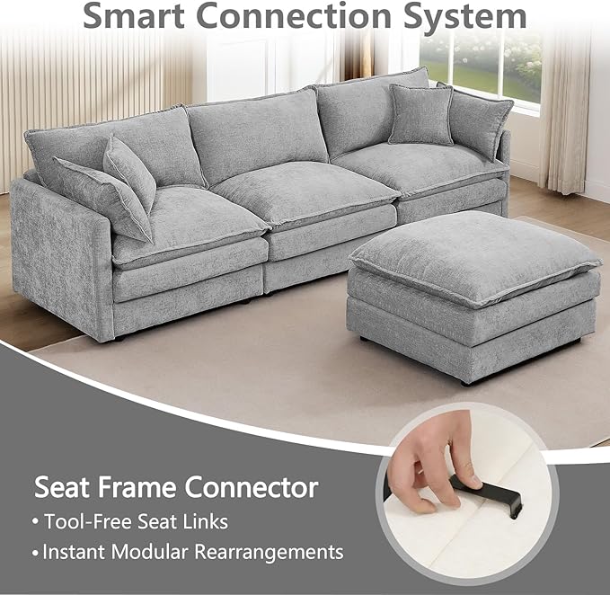 GNIXUU 102 Modular Sectional Sofa L Shaped Cloud Couch with Movable Ottoman &amp 4 Pillows Deep Seat Chenille 4 Seater Sectional Couches for Living Room Apartment (Grey)