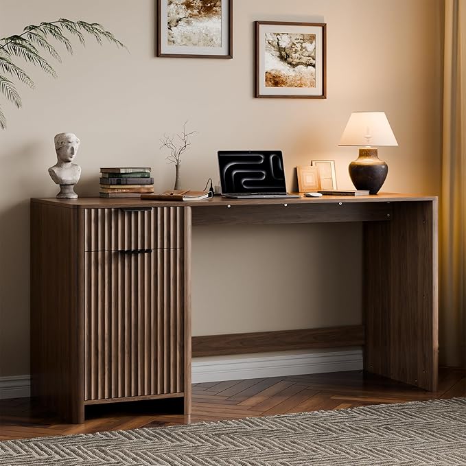 60 Fluted Home Office Desks with Storage Modern Executive Desk Computer Desk with Drawer &amp Cabinet Wood Work Desk for Office Bedroom Study Living Room Walnut