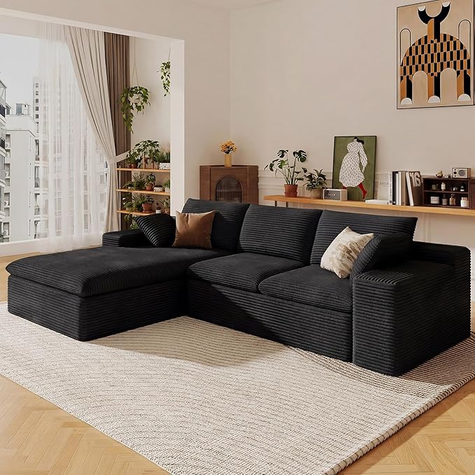 107 Cloud Sectional Couch with L-Shape Chaise Modern Corduroy Viral Boneless Sofa for Living RoomMemory Foam Couches in a Box with Deep SeatNo Assembly Required (BlackLeft-Facing Chaise)