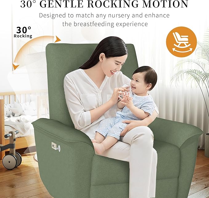 Power Swivel Rocker Recliner Chair for Nursery Upholstered Glider Rocking Chair with Phone HolderUSB Ports Small Recliners for Small Spaces Living Room Bedroom