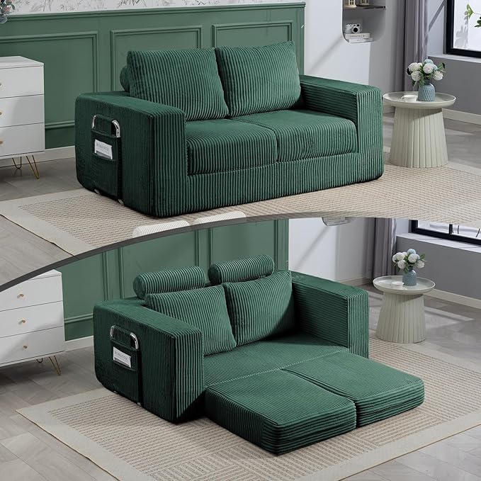 J.C.UP 69'' Convertible Sofa Bed Pull Out Loveseat Sleeper Sofa 2 Seater Boneless Folding Sofa Bed Floor Couch with Deep Seat Chaise Lounge for Living Room Bedroom No Assembly Required Green