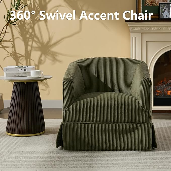 Swivel Accent Chair for Living Room 360° Upholstered Barrel Swivel Chairs with Skirted Base Modern Linen Armchairs for Bedroom Reading Nook Small Space Corduroy Green
