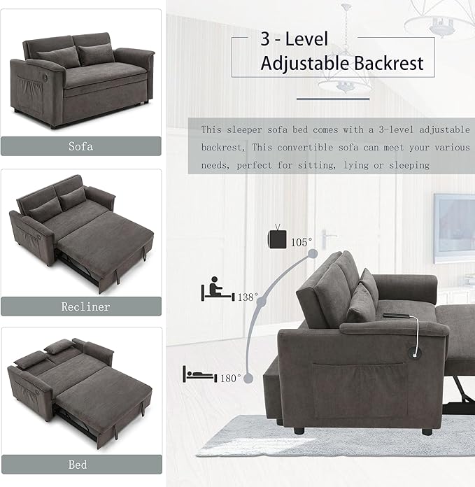3 in 1 Convertible Sofa Bed with USB Ports - 55 Modern Velvet Sleeper Loveseat with Adjustable Backrest Pull-Out Bed 2 Pillows &amp Storage Pockets Space Saving (Grey)