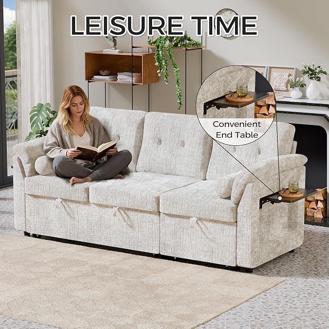 Convertible Queen Sofa Bed 63 Inch Chenille Pull Out Couch with Side Table 3 Seat Pull Out Sofa Bed with Level Adjustable Backrest Comfy Sleeper Sofas for Living Room Apartment Beige