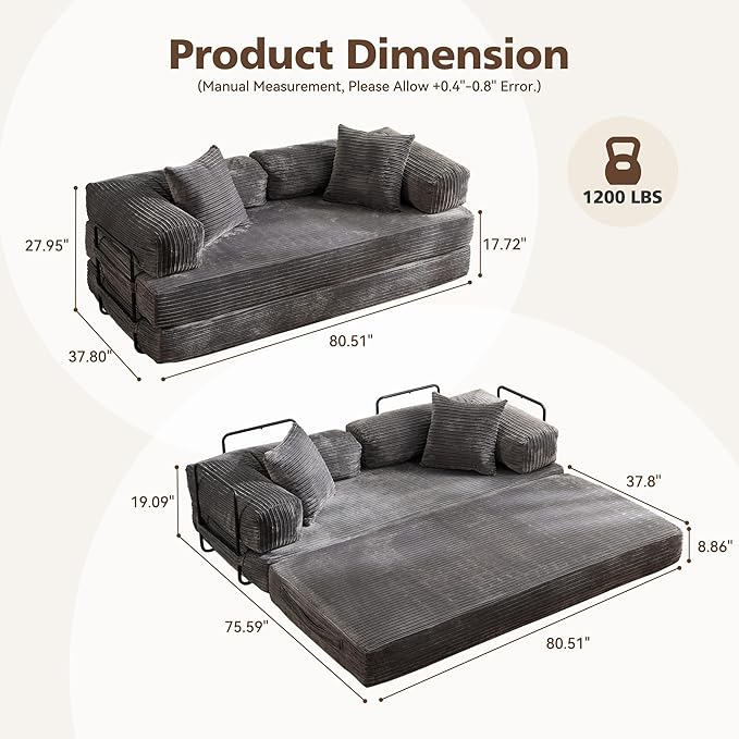 4-in-1 Folding Sofa Bed 78 Oversized Corduroy Sleeper Chair Convertible Loveseat to Floor Bed with Storage Pockets Boneless Design for Living Room Bedroom &amp Small Spaces