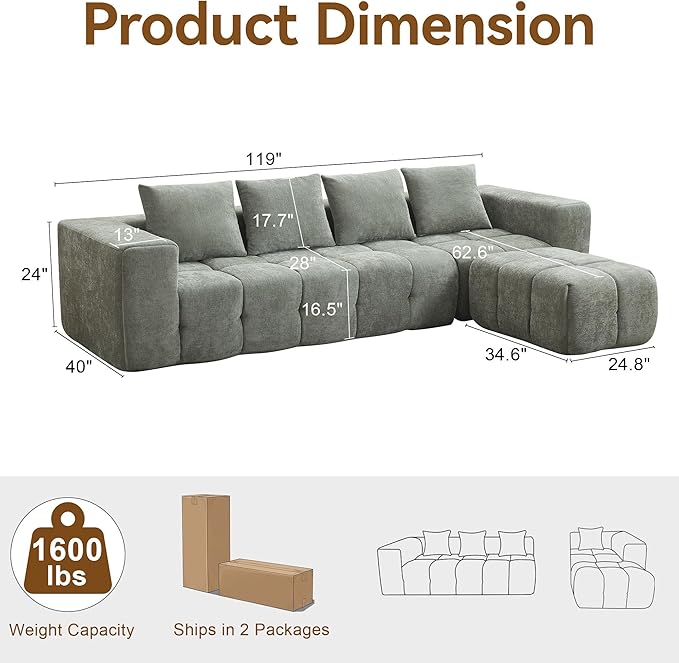 119 Oversized Cloud Boneless Couches for Living Room Modern Tufted Modular Sectional Sofa with Deep Seat &amp Movable Ottoman L Shaped Memory Foam Chenille Couch No Assembly Required Green